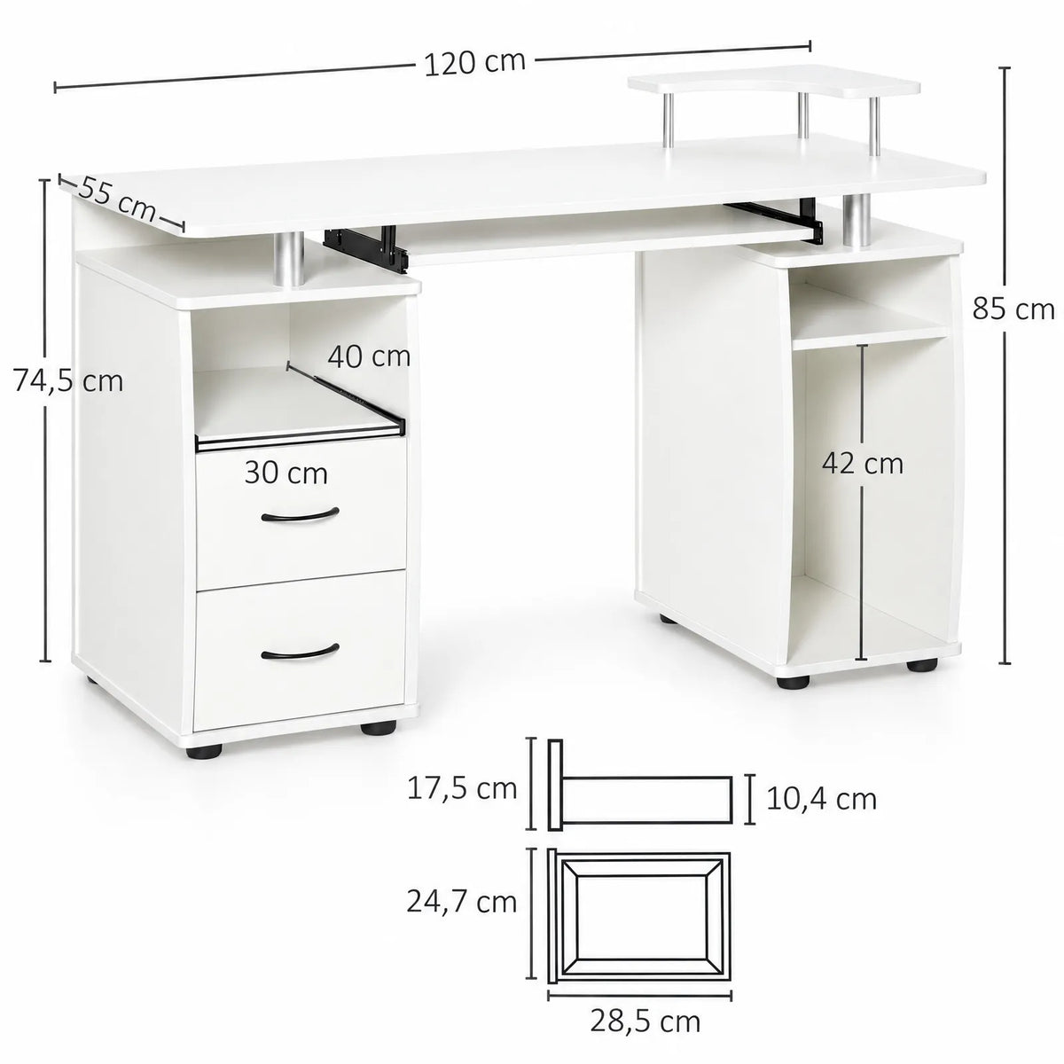Bureau informatique blanc avec tablette clavier coulissante et 2 tiroirs 120 x 55 cm