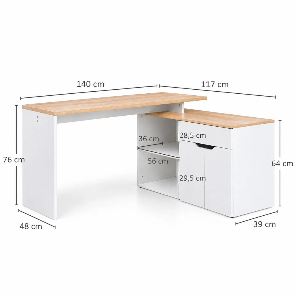 Bureau modulable blanc et chêne clair avec 2 niches, tiroir et placard