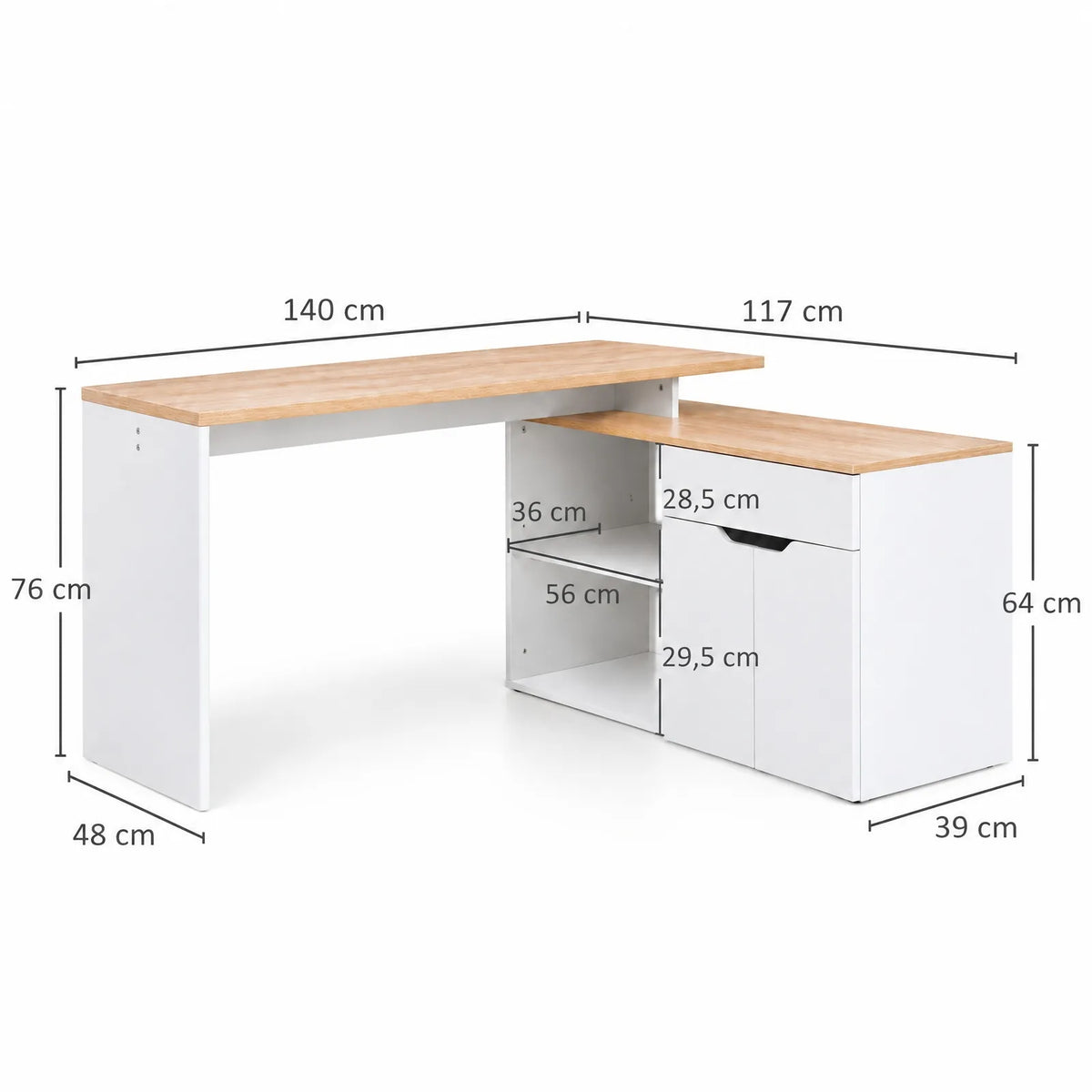 Bureau modulable blanc et chêne clair avec 2 niches, tiroir et placard