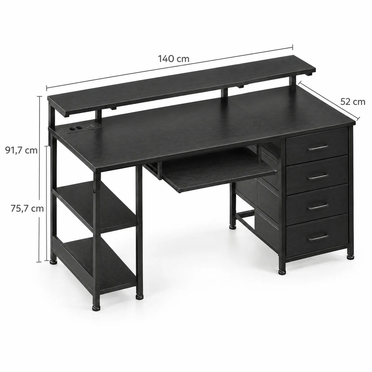 Bureau noir 140 cm avec 4 tiroirs en tissu, prises et ports USB