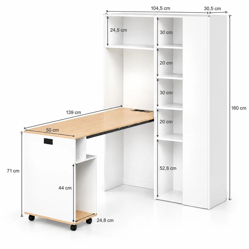 Bureau pliant 2 en 1 avec bibliothèque, prise et USB, blanc et chêne clair
