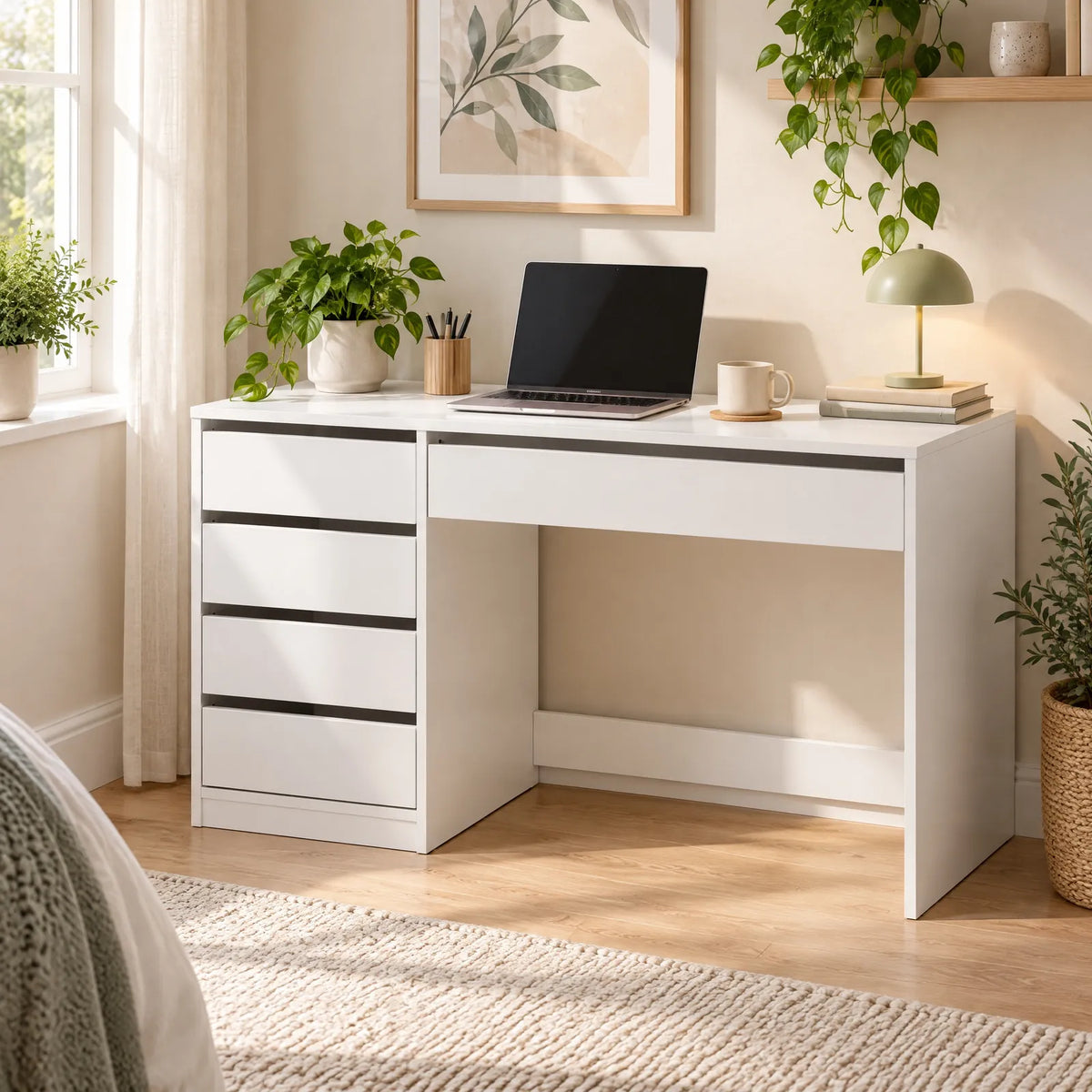 Bureau blanc 5 tiroirs sans poignées 120 cm