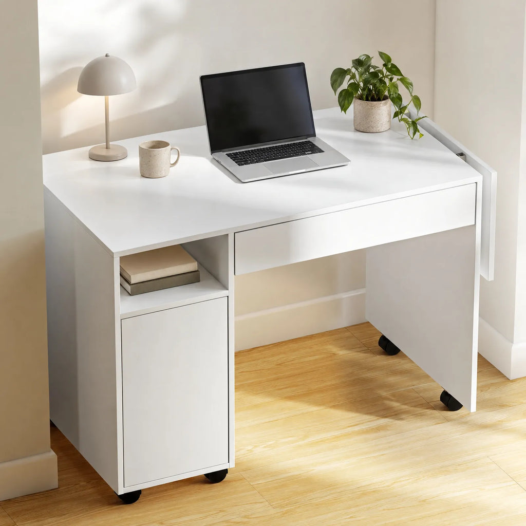 Bureau blanc à roulettes avec plateau pliable, tiroir et placard 130 x 58 cm