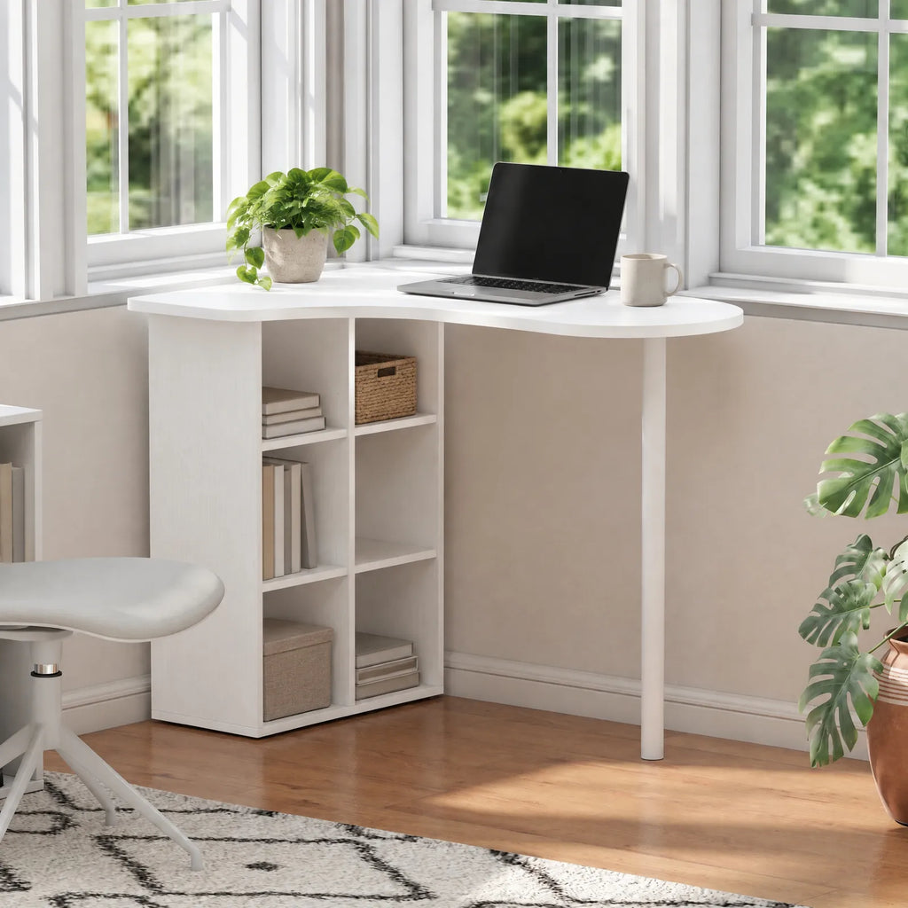 Bureau blanc avec bibliothèque 6 compartiments 100 x 59 cm