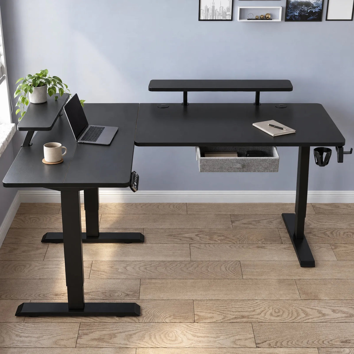 Bureau d'angle électrique réglable en hauteur en L avec tiroir et rehausses