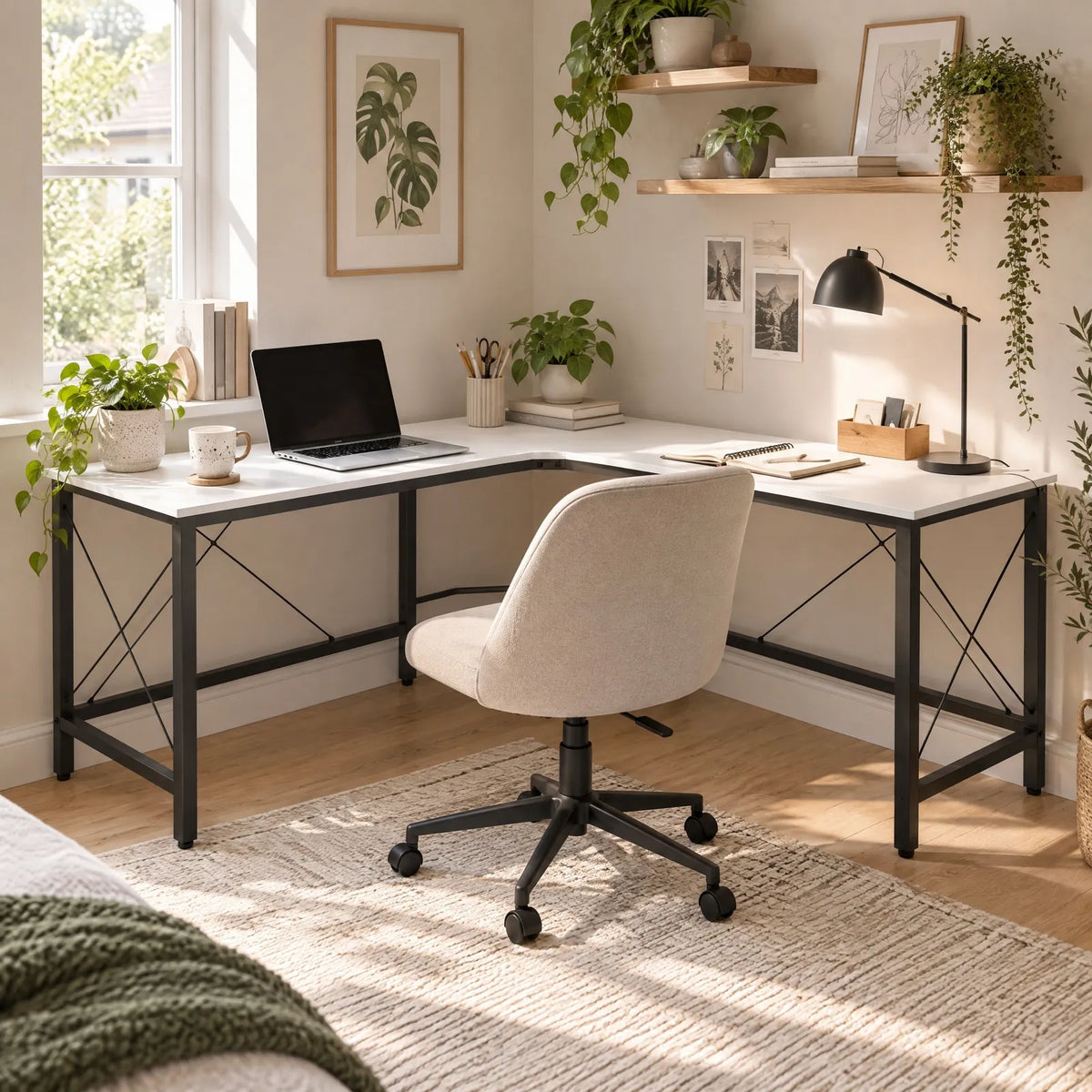 Bureau d'angle en L blanc structure acier 150 cm