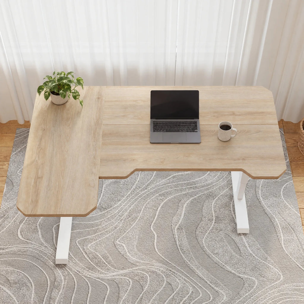 Bureau d'angle en L électrique 150 cm à 4 mémoires, plateau chêne clair