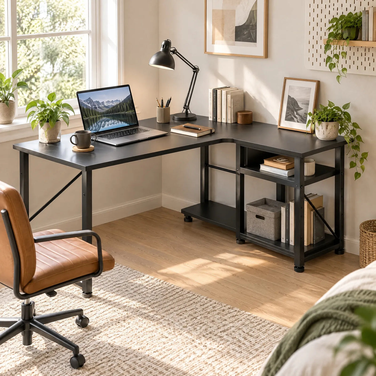 Bureau d'angle en L métal avec étagères réversibles 120 x 80 cm