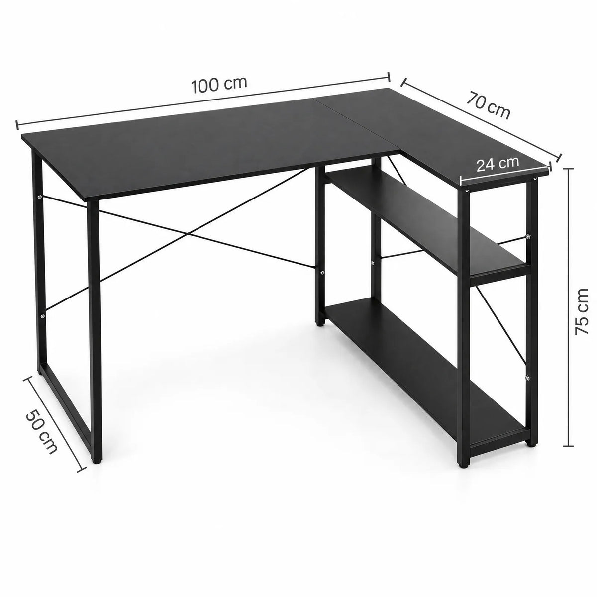 Bureau d'angle en L réversible avec 2 étagères, cadre acier noir – 100 x 70 cm