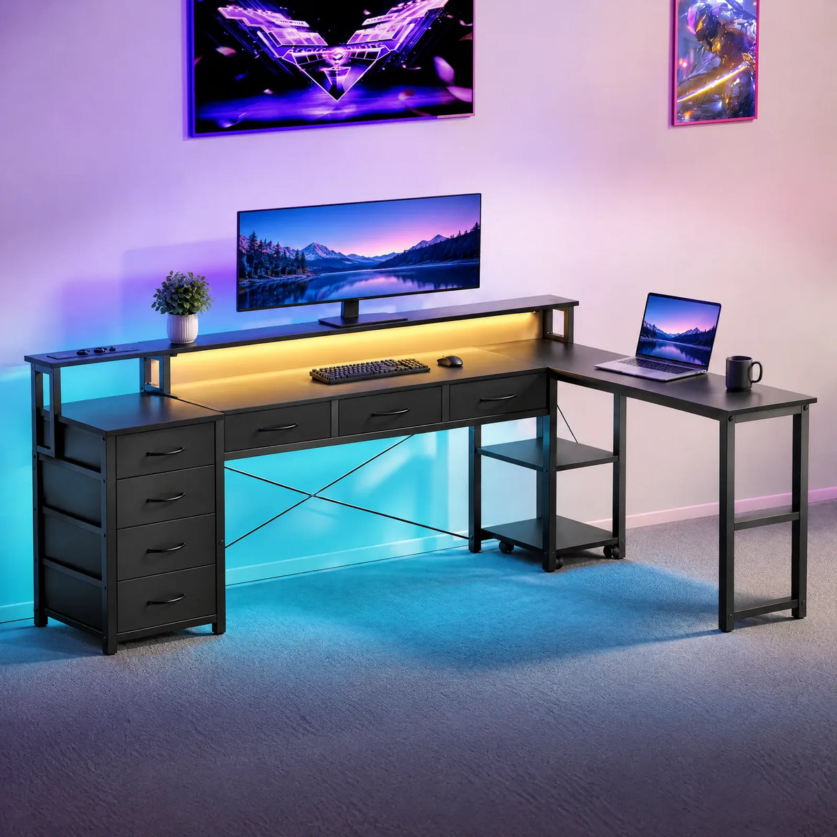Bureau d'angle en L réversible avec LED, prises, ports USB et tiroirs