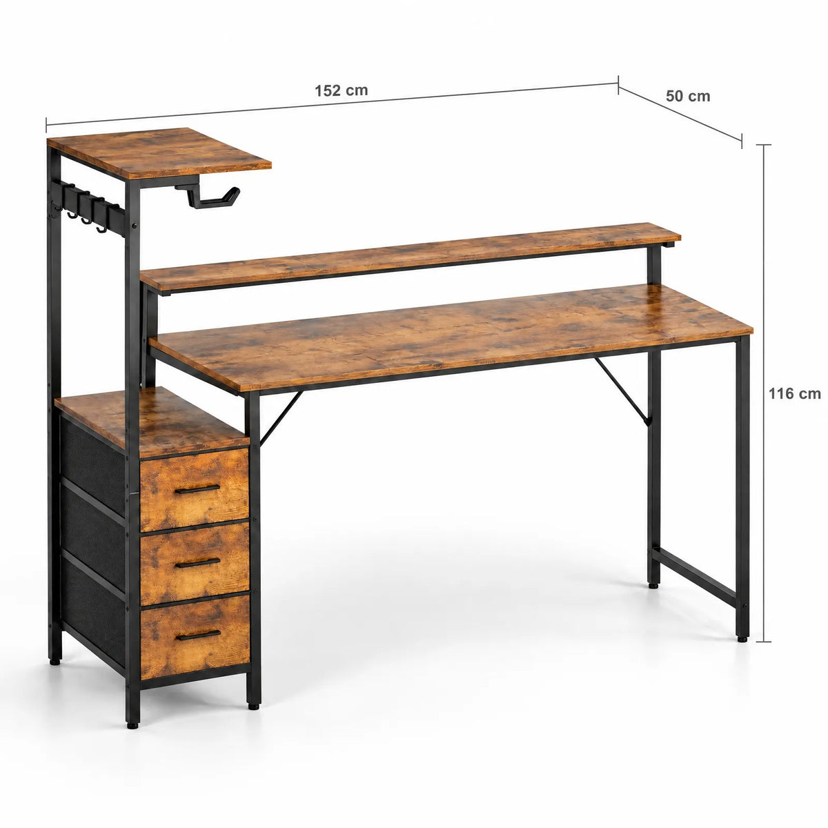 Bureau d'ordinateur avec support PC, étagère, 3 tiroirs en tissu, LED et prises – 150 x 50 cm