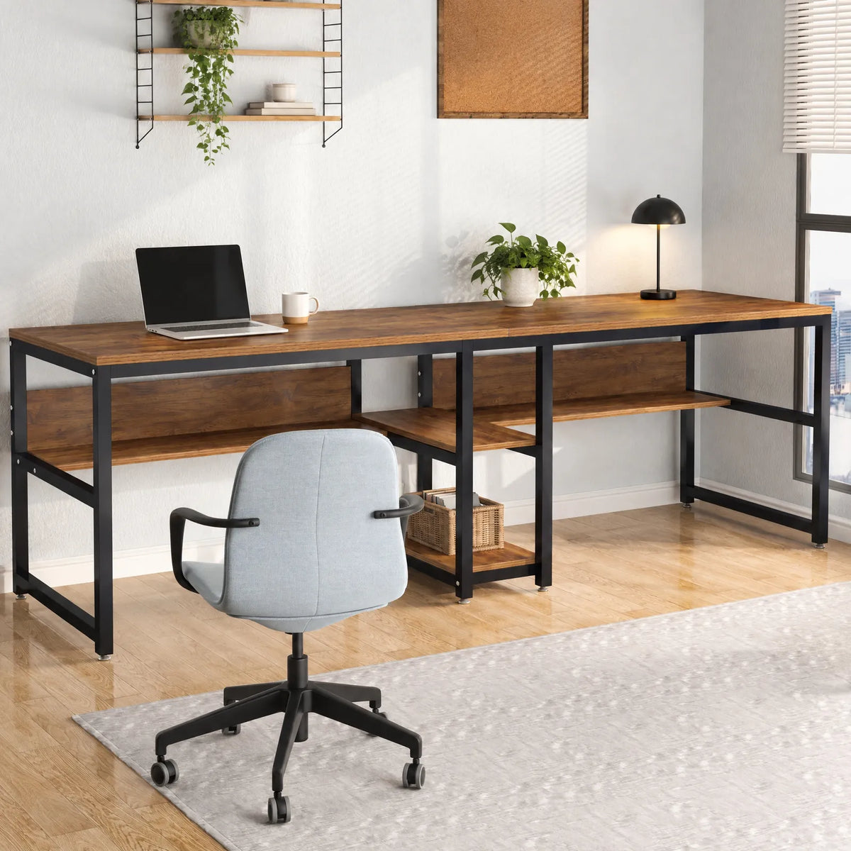Bureau double 200 x 60 cm avec étagères, bois rustique et acier noir