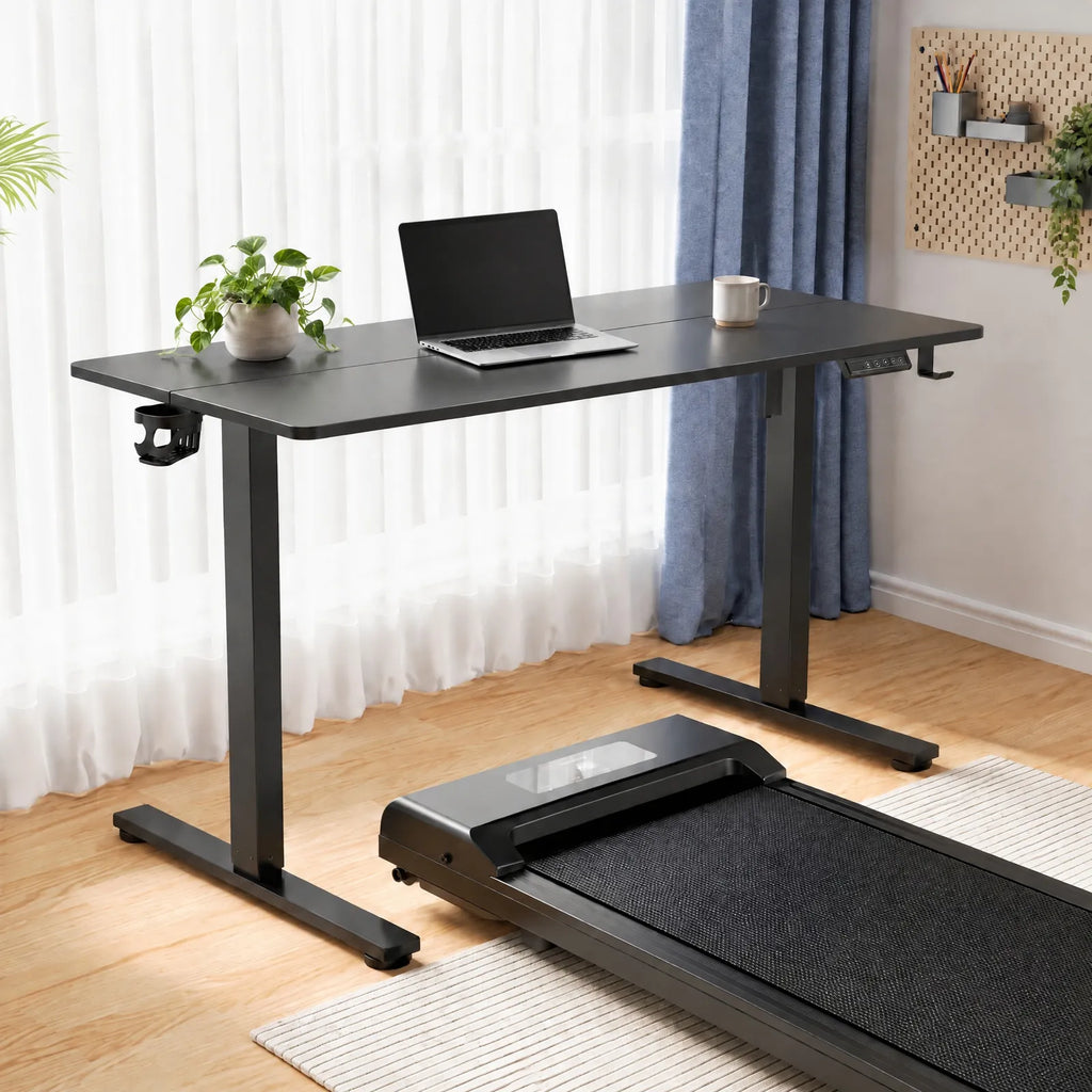 Bureau électrique réglable en hauteur noir 120 x 60 cm avec porte-gobelet