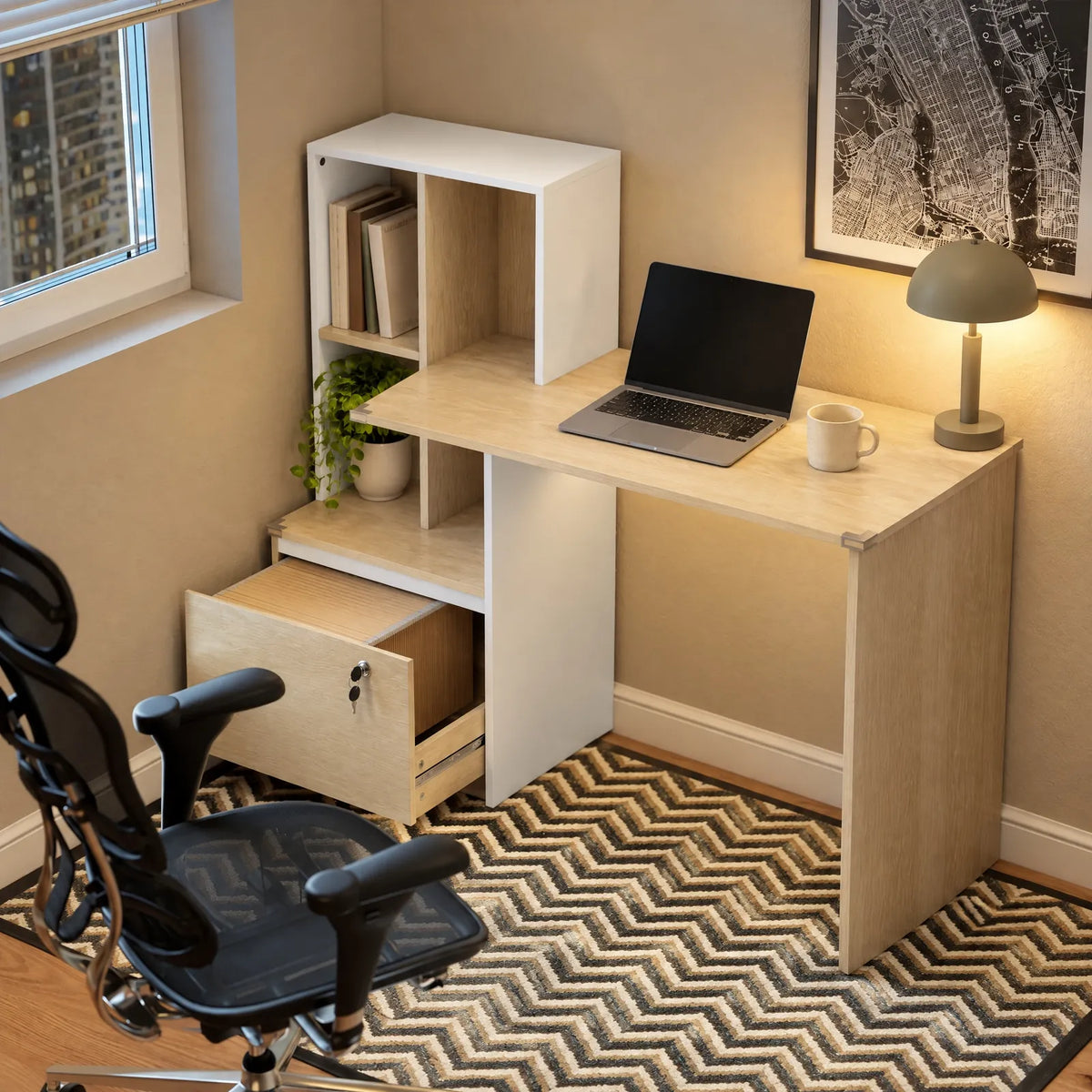 Bureau informatique avec bibliothèque 4 compartiments et tiroir verrouillable chêne et blanc