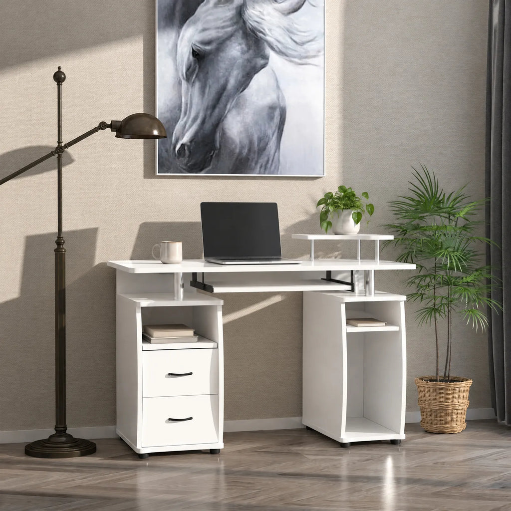 Bureau informatique blanc avec tablette clavier coulissante et 2 tiroirs 120 x 55 cm