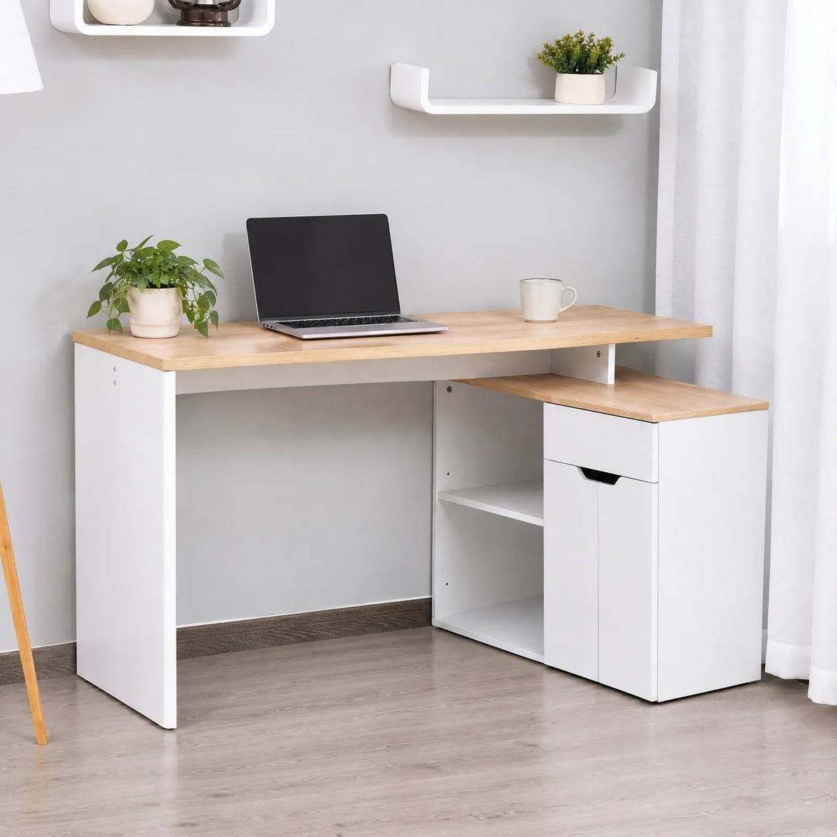 Bureau modulable blanc et chêne clair avec 2 niches, tiroir et placard
