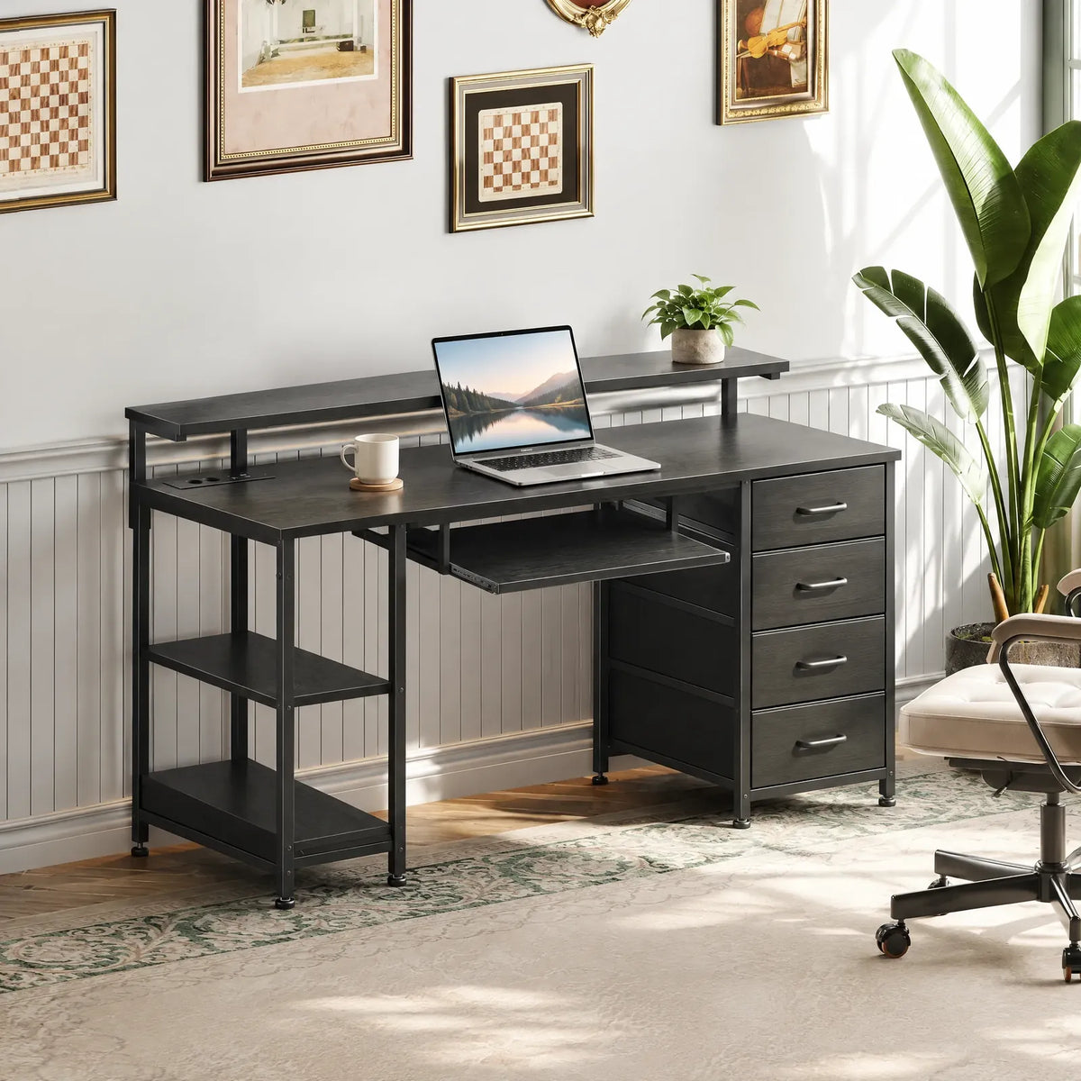 Bureau noir 140 cm avec 4 tiroirs en tissu, prises et ports USB