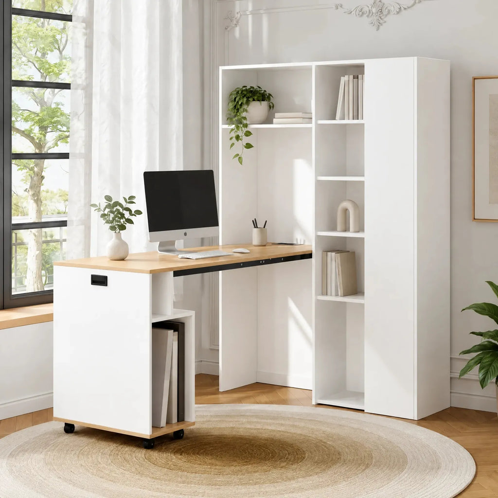 Bureau pliant 2 en 1 avec bibliothèque, prise et USB, blanc et chêne clair