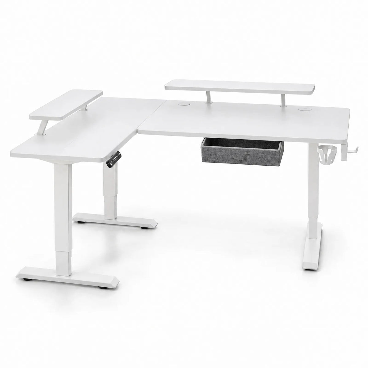 Bureau d'angle électrique réglable en hauteur en L avec tiroir et rehausses – Blanc