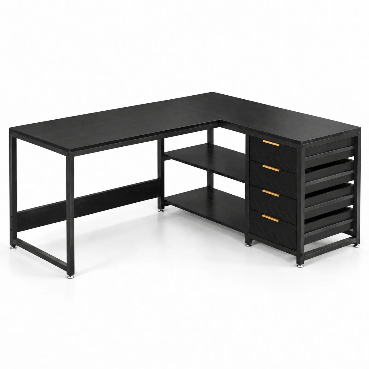 Bureau d'angle en L réversible 150 x 110 cm avec 4 tiroirs et 2 étagères ouvertes – Noir