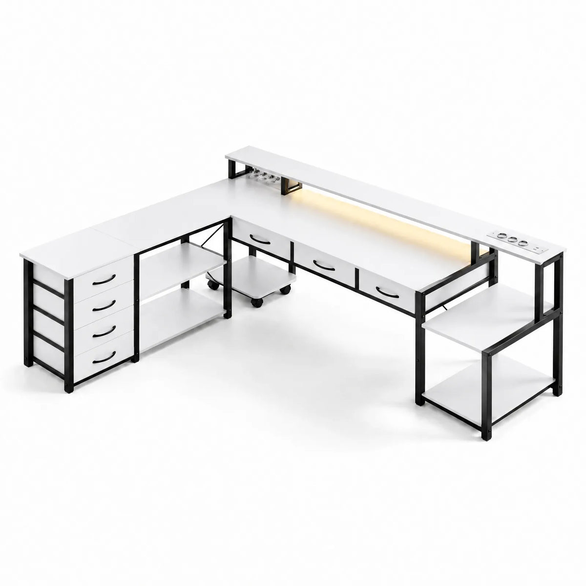 Bureau d'angle en L réversible avec 7 tiroirs, LED, prises et ports USB – Blanc