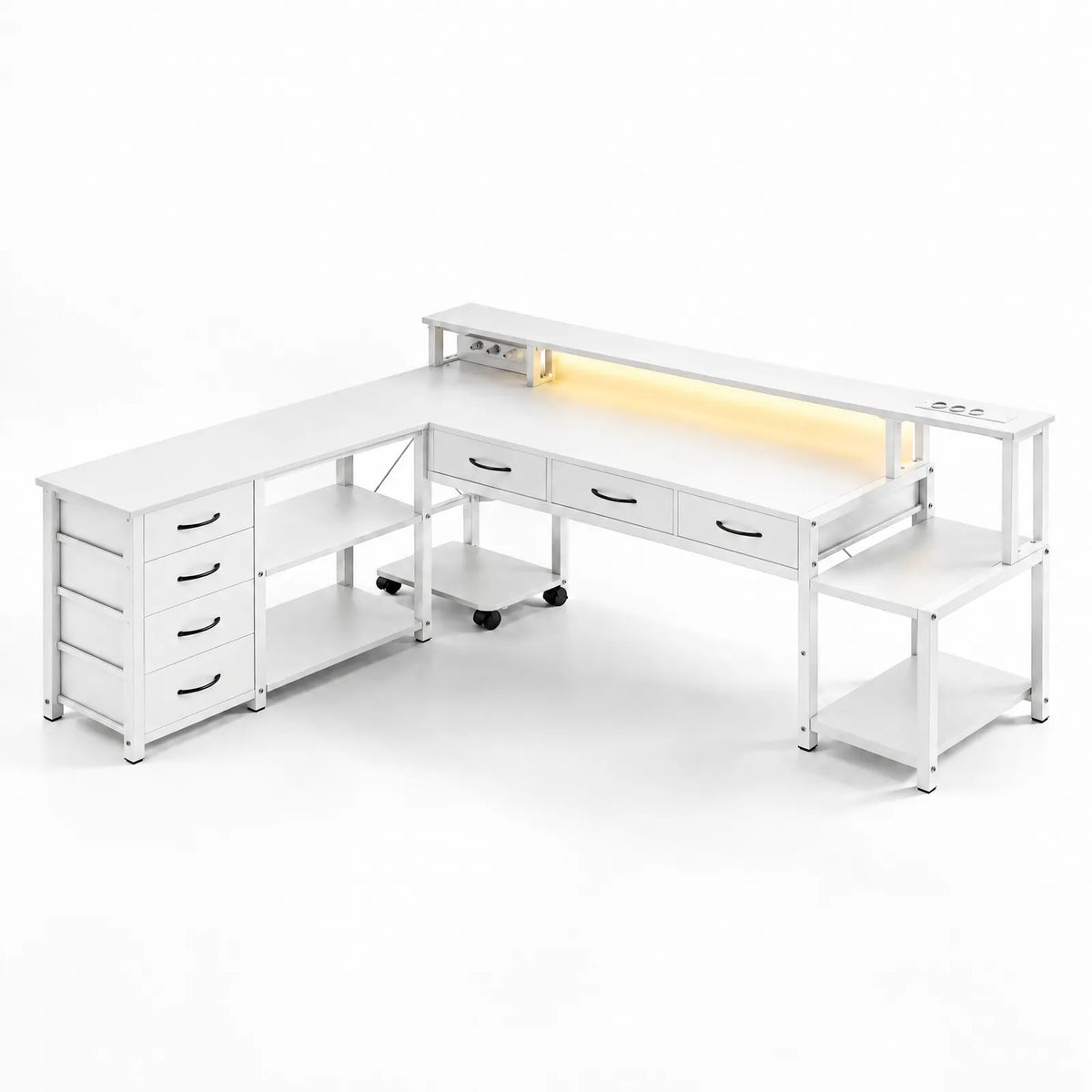 Bureau d'angle en L réversible avec LED, prises, ports USB et tiroirs – Blanc