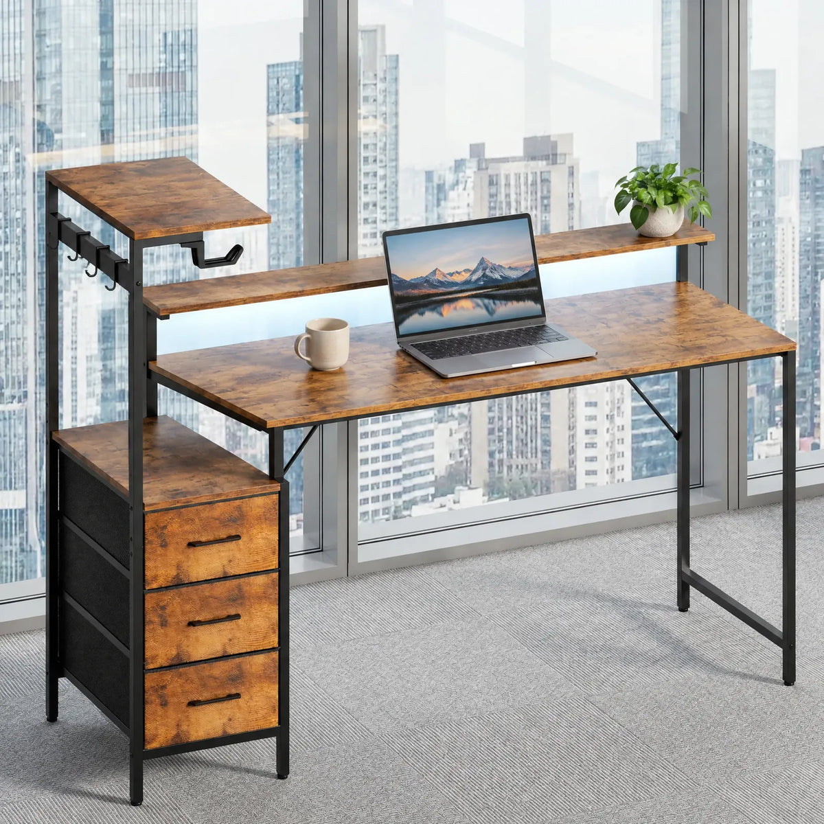 Bureau d'ordinateur avec support PC, étagère, 3 tiroirs en tissu, LED et prises