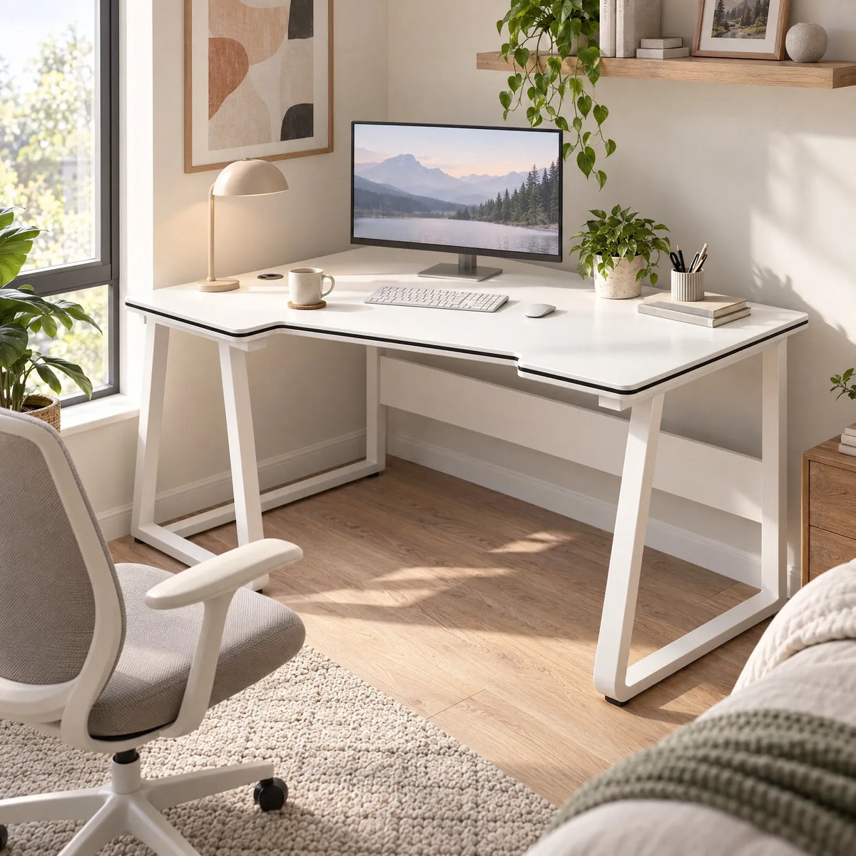 Bureau d'ordinateur plateau courbe pieds métal en U