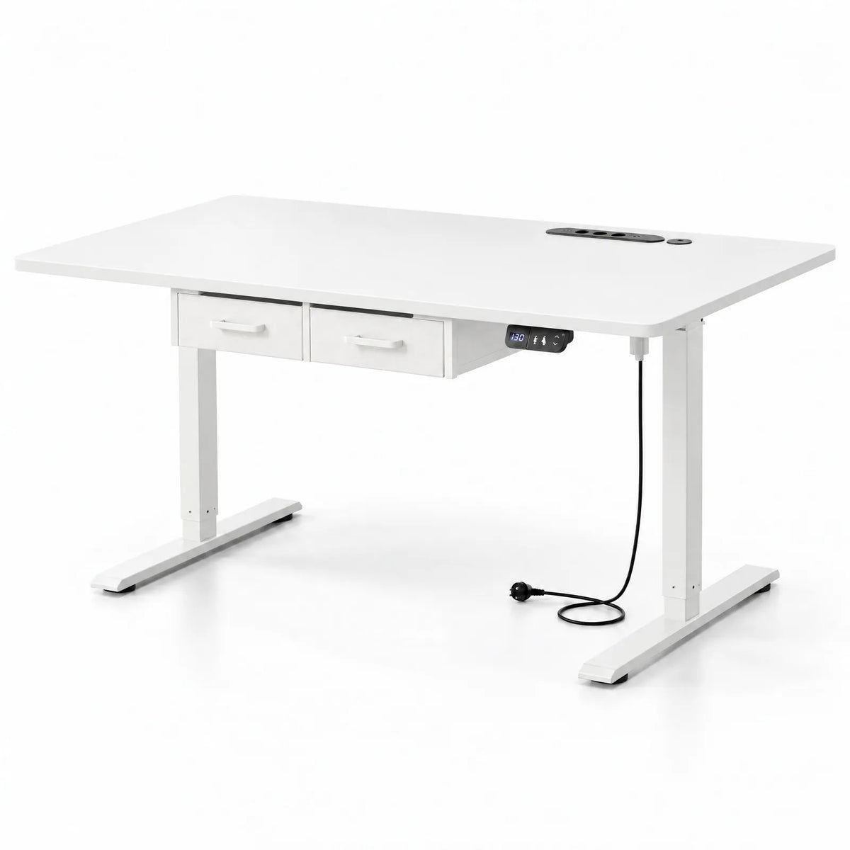 Bureau électrique réglable en hauteur avec 2 tiroirs et multiprise – Blanc