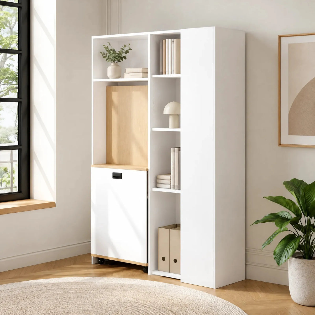 Bureau pliant 2 en 1 avec bibliothèque, prise et USB, blanc et chêne clair