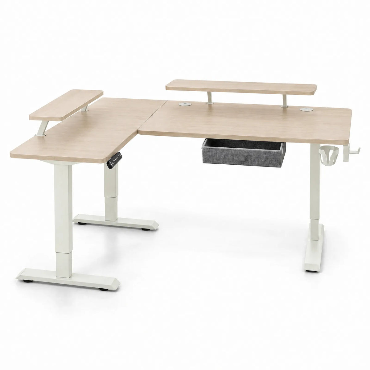 Bureau d'angle électrique réglable en hauteur en L avec tiroir et rehausses – Beige