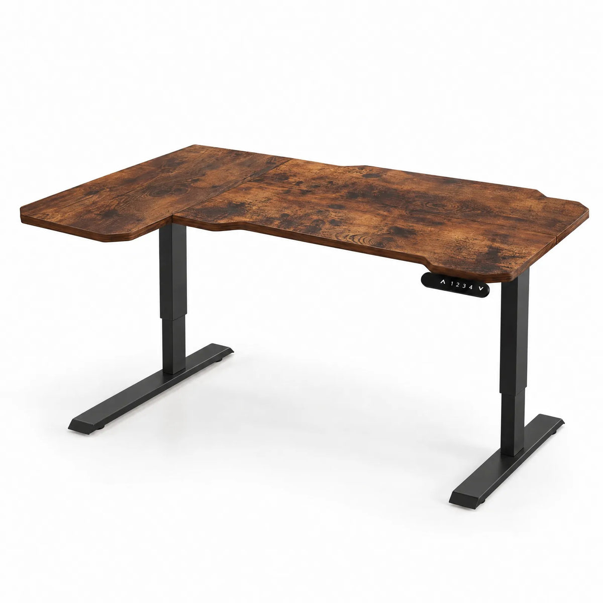 Bureau d'angle en L électrique 150 cm à 4 mémoires, plateau chêne clair – Brun rustique