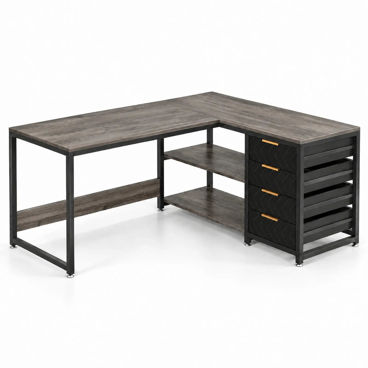 Bureau d'angle en L réversible 150 x 110 cm avec 4 tiroirs et 2 étagères ouvertes – Gris
