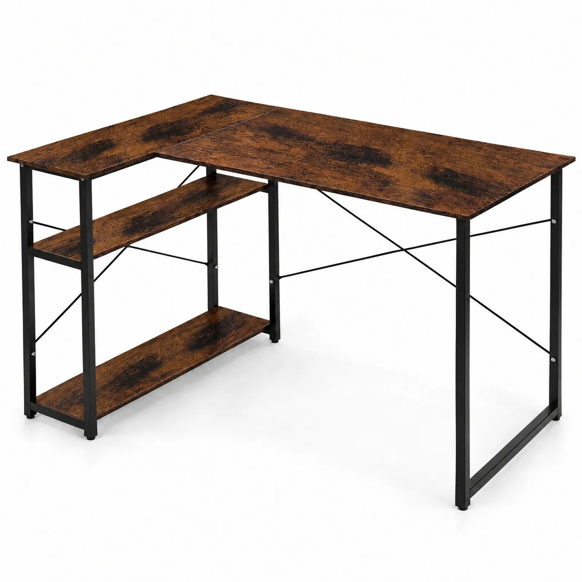 Bureau d'angle en L réversible avec 2 étagères, cadre acier noir – Marron