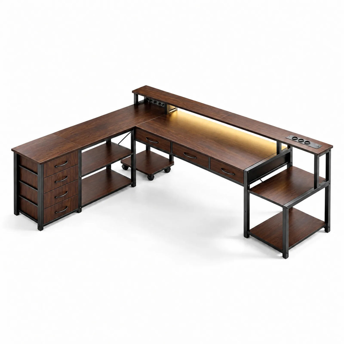 Bureau d'angle en L réversible avec 7 tiroirs, LED, prises et ports USB – Marron