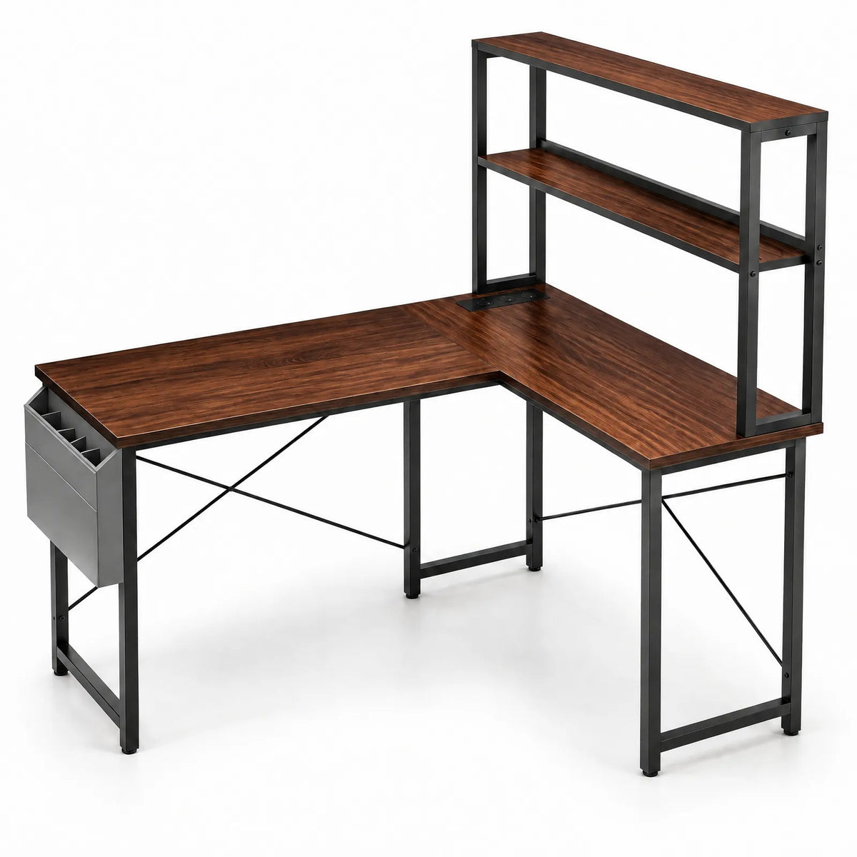 Bureau gaming d'angle en L avec rehausse 2 étagères, LED RGB et support PC mobile – Marron