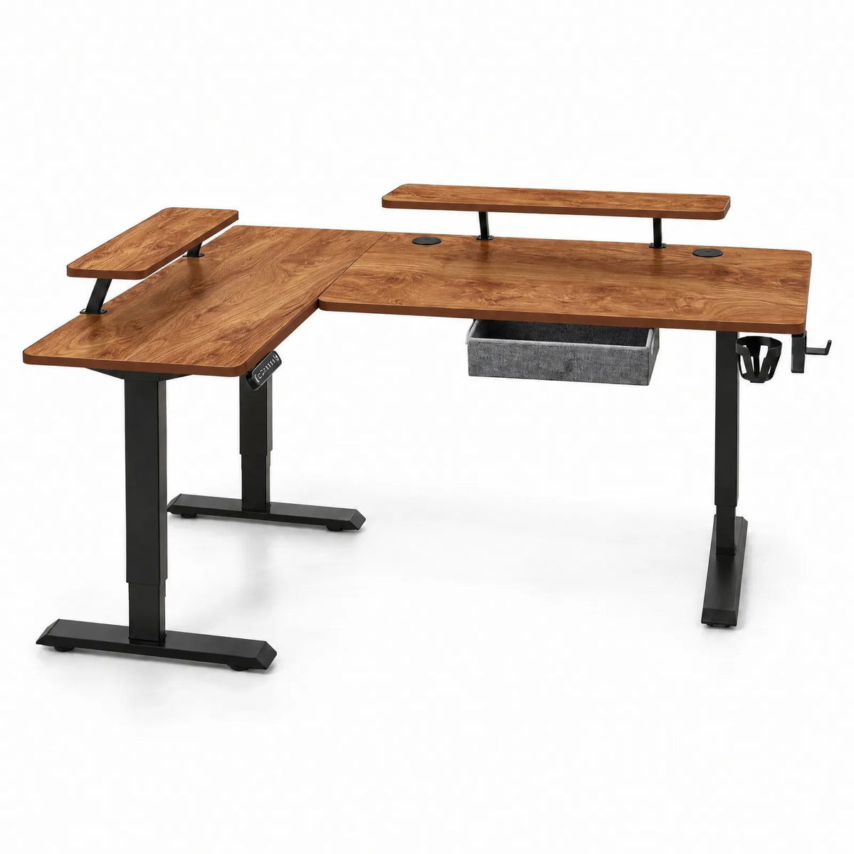 Bureau d'angle électrique réglable en hauteur en L avec tiroir et rehausses – Marron rétro