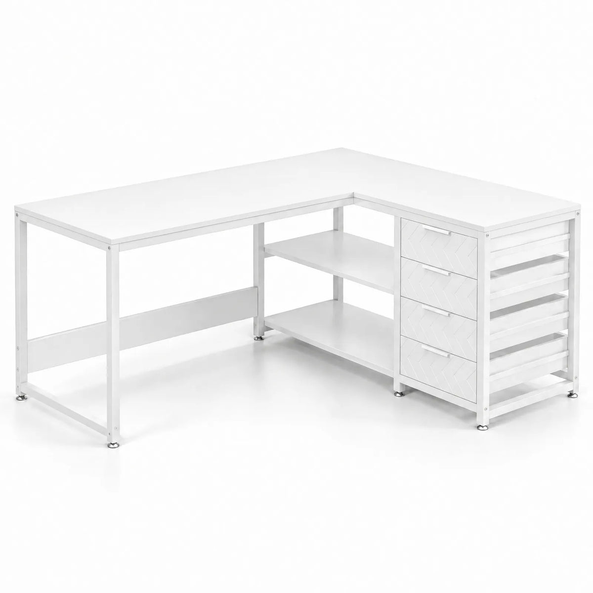 Bureau d'angle en L réversible 150 x 110 cm avec 4 tiroirs et 2 étagères ouvertes – Blanc