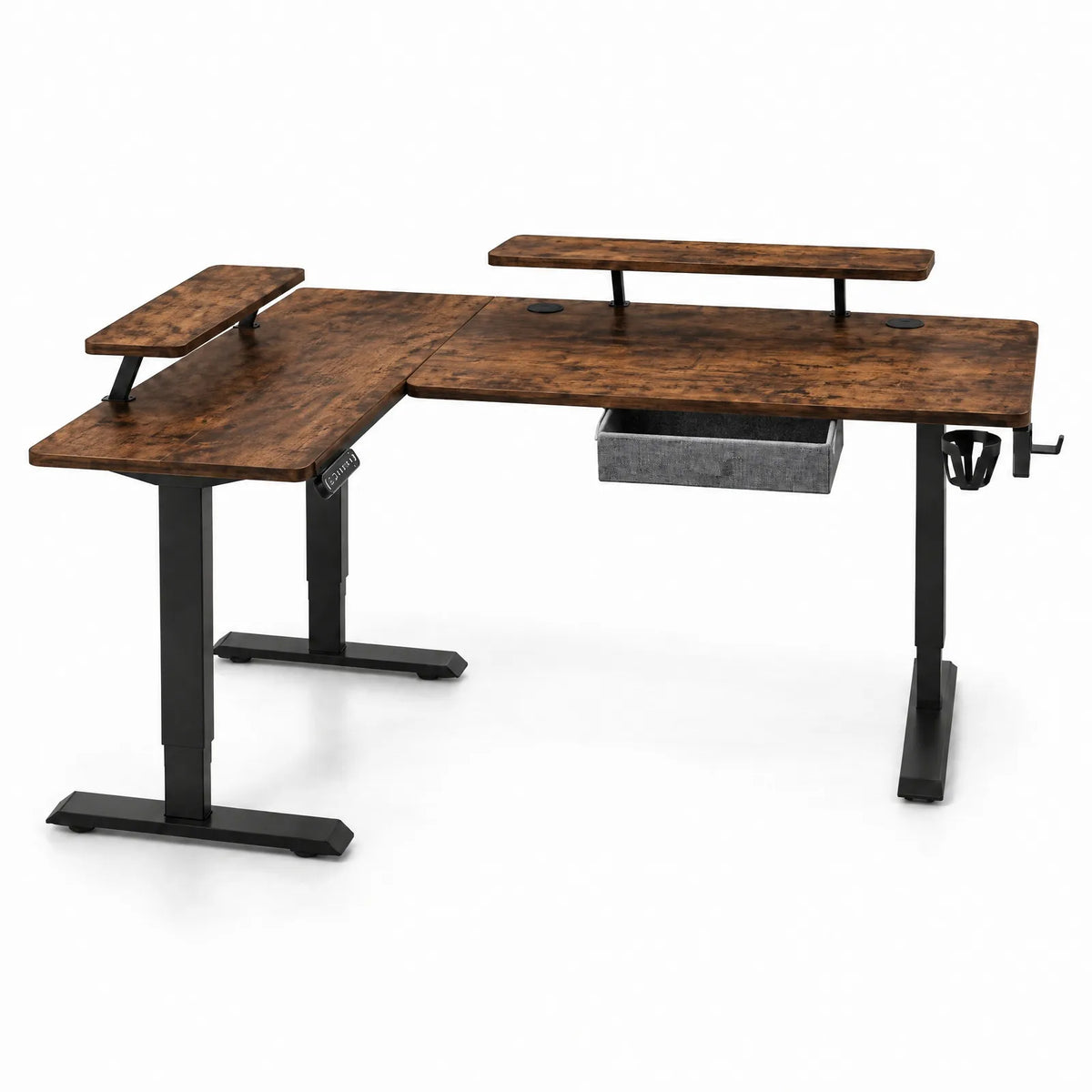 Bureau d'angle électrique réglable en hauteur en L avec tiroir et rehausses – Brun rustique